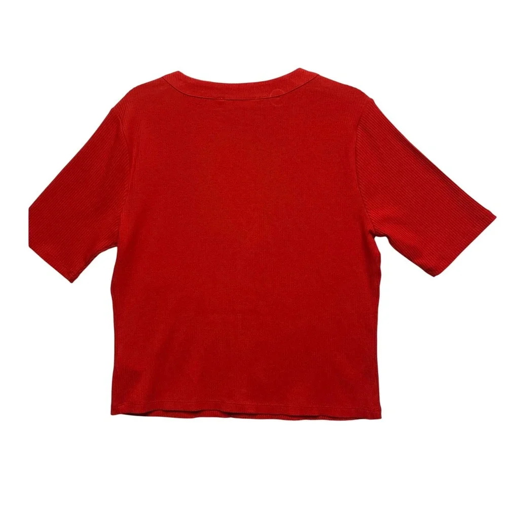 Michael Kors $98 Red Ribbed V-Neck Short Sleeve Button Front Top Sm‎ NWT
